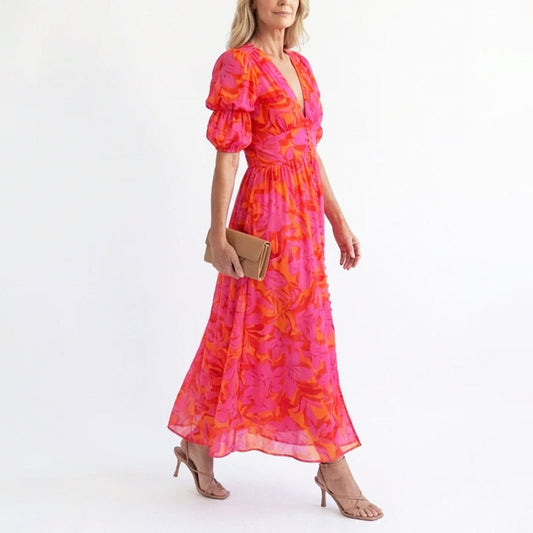 Soleil | Women's Elegant Puff Sleeve Floral Summer Midi Dress
