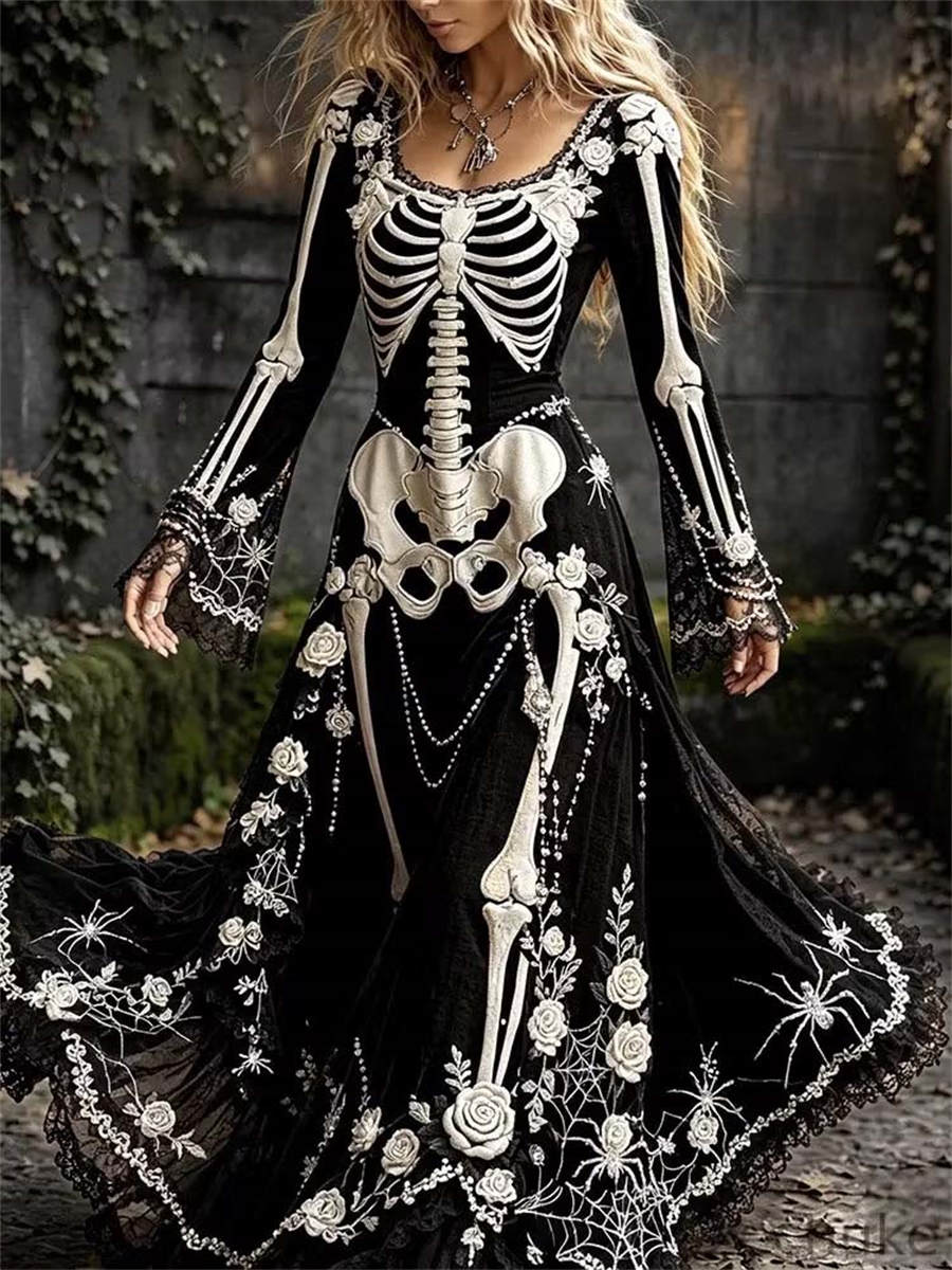 Rowan | Women's Halloween Black Skeleton Maxi Dress