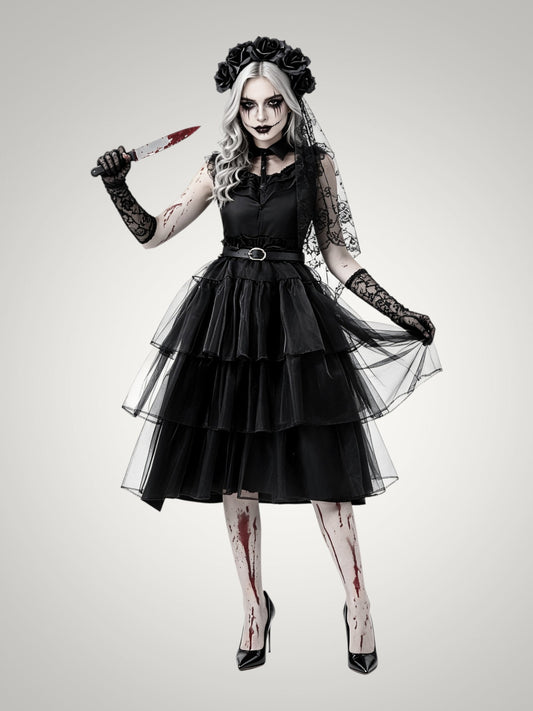 Ella | Women's Gothic Ghost Bride Halloween Costume with Veil and Tiered Dress