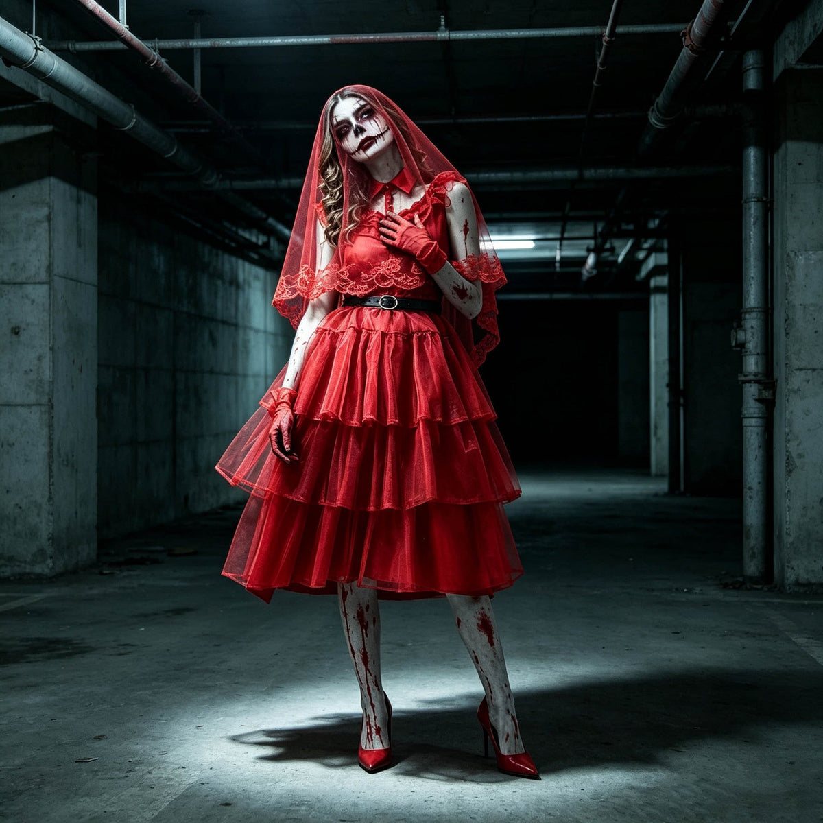 Wren | Women's Gothic Bloody Zombie Bride Halloween Costume with Veil and Tiered Dress