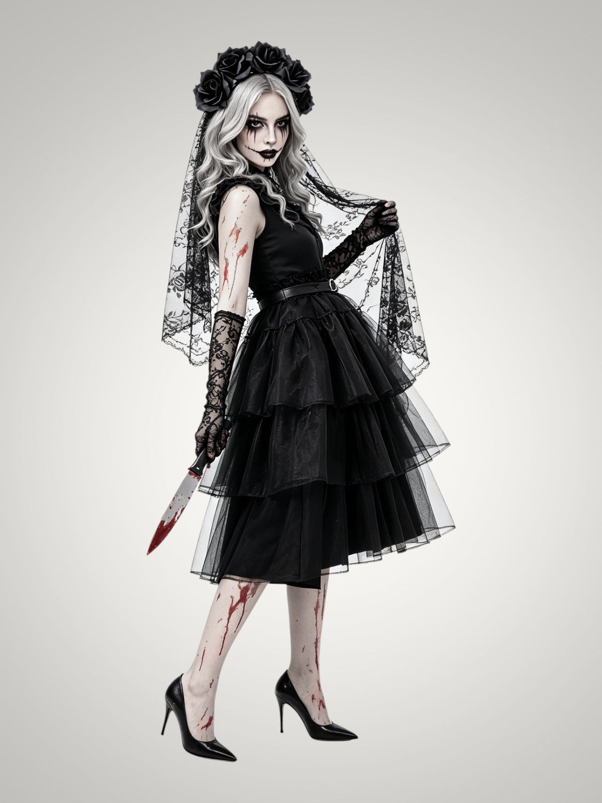 Ella | Women's Gothic Ghost Bride Halloween Costume with Veil and Tiered Dress