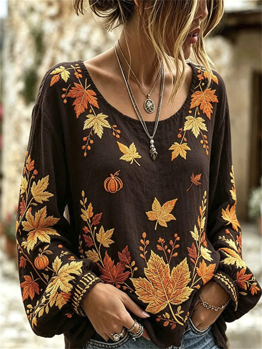Charlotte | Women's Halloween Dark Brown Maple Leaf Pumpkin Blouse with Long Sleeves