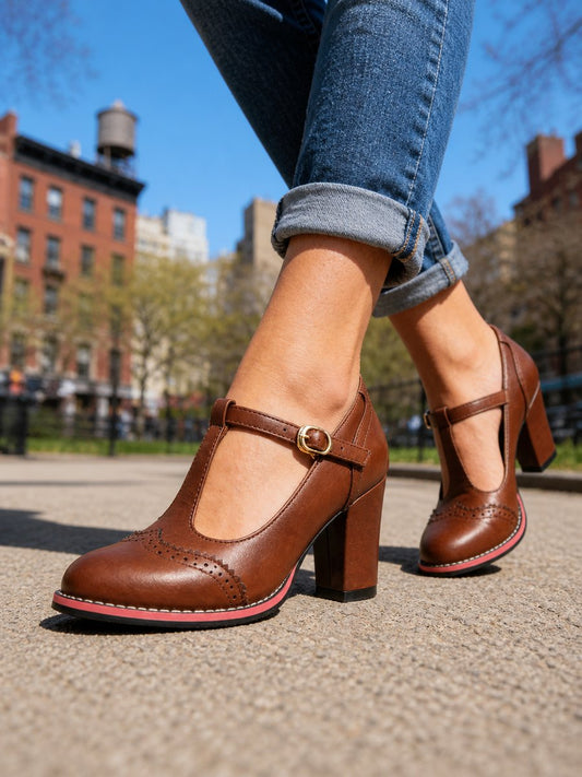 Blair | Women's Brogue Block Heel T-Bar Boots