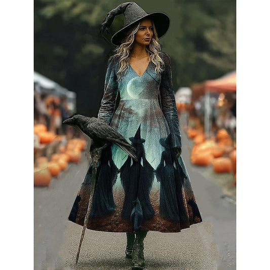 Tara | Women's Halloween Witch Print A-Line Maxi Dress