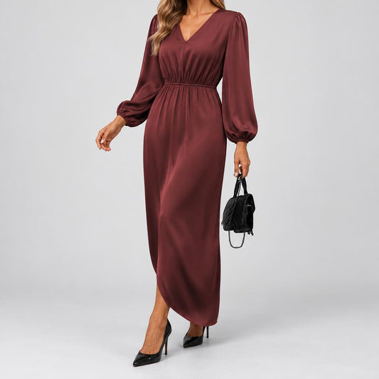 Daisy | Women's Elegant Satin V-neck Dress with Long Sleeves