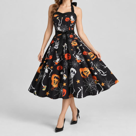 Women's Vintage Halloween Pumpkin Print Dress