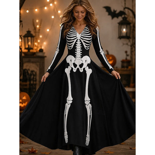 Brooke | Women's Halloween Long Sleeve Skeleton Print Maxi Dress