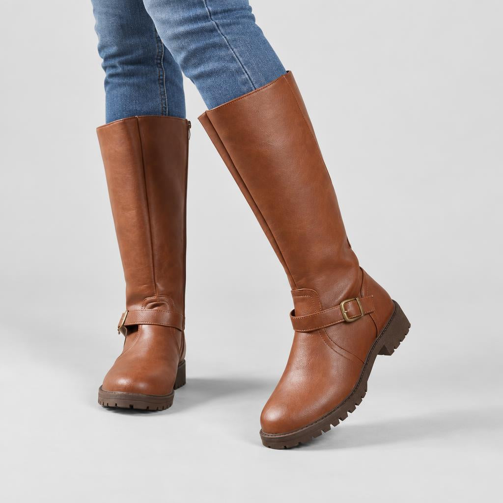 Hayley | Women's Buckled Leather Knee-High Boots with Buckle Strap