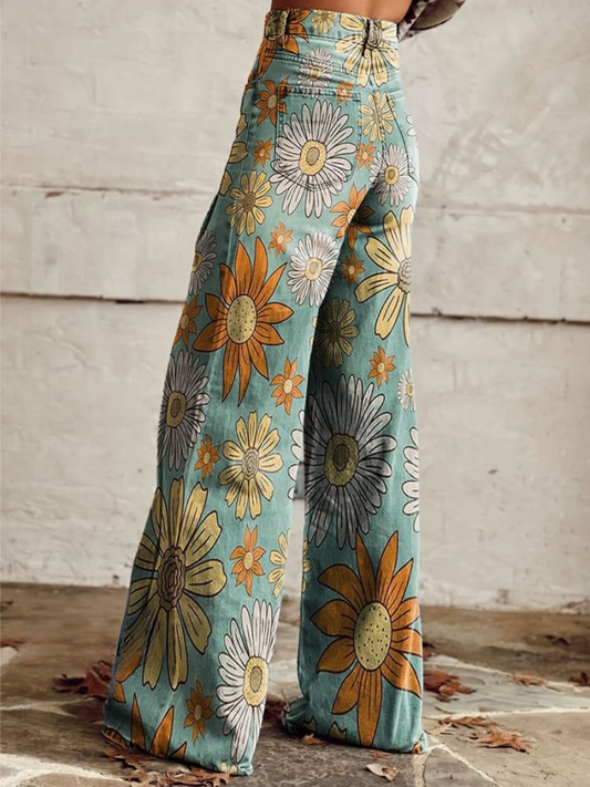 Rose | Women's High Waist Wide Leg Floral Jeans