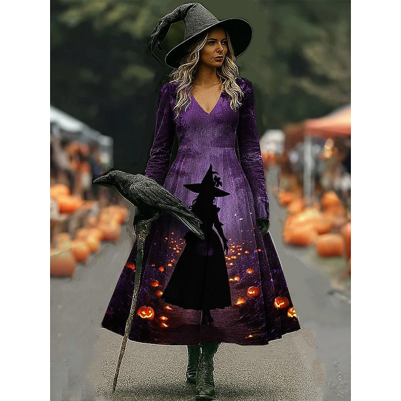 Tara | Women's Halloween Witch Print A-Line Maxi Dress