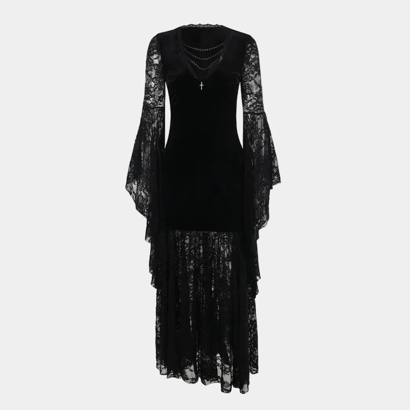 Women's Halloween Gothic Lace Maxi Dress with Bell Sleeves