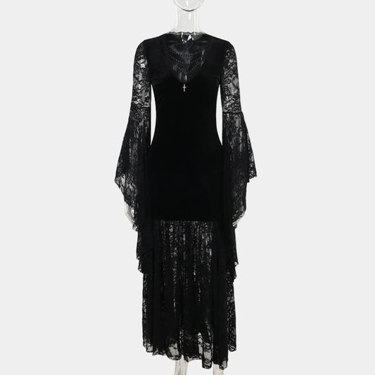Women's Halloween Gothic Lace Maxi Dress with Bell Sleeves