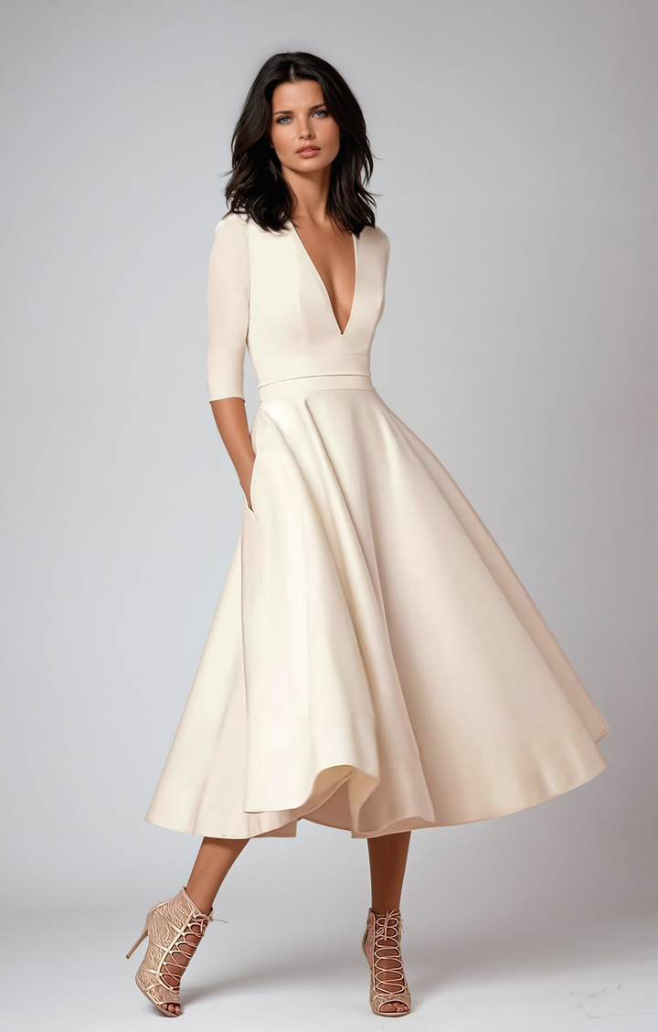 Stella | Women’s V-Neck Flared Wedding Guest Midi Dress