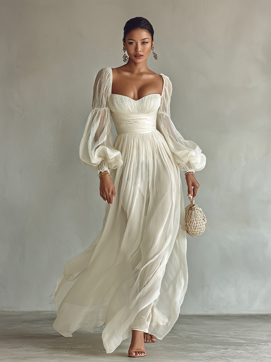 Maya | Women's Square Neck Long Sleeve Waist Maxi Dress