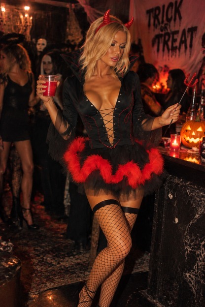Jeena | Women's Sexy Devil Halloween Costume with Horns and Black Lace-Up Dress