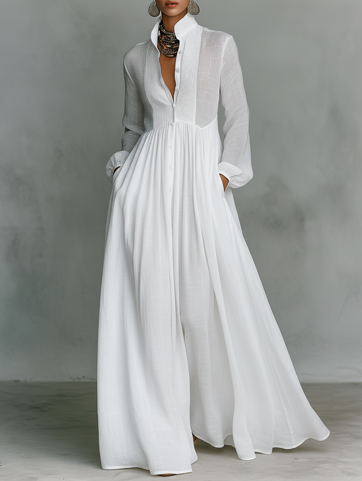 Renee | Women’s Stand Collar Linen Maxi Dress