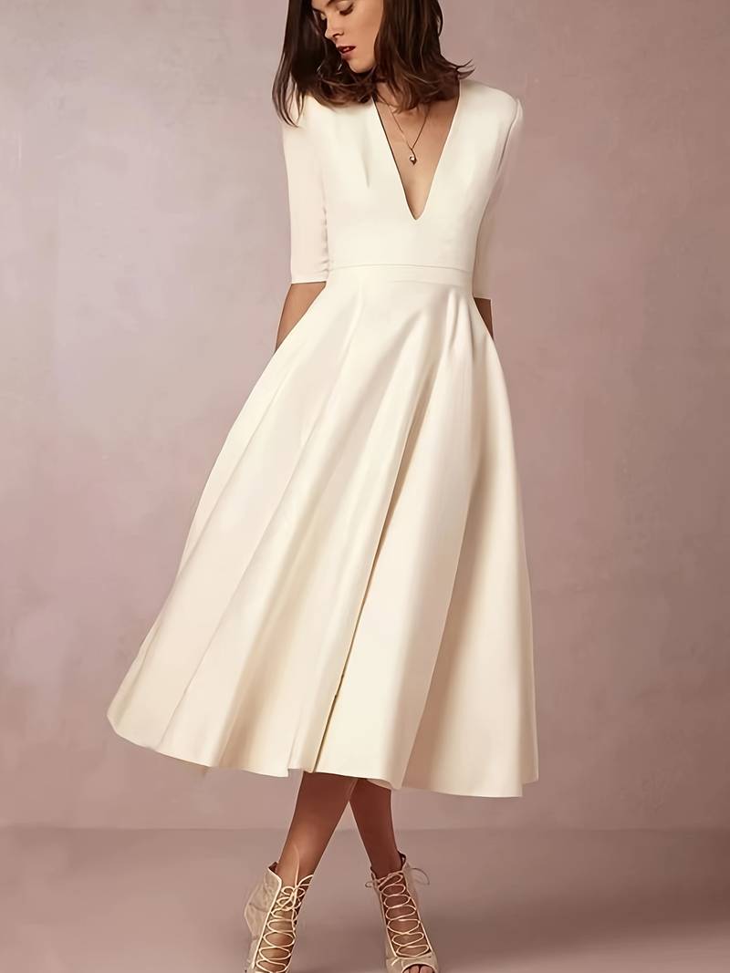 Stella | Women’s V-Neck Flared Wedding Guest Midi Dress