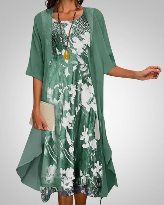 Elvira | Women's Printed Boho Midi Dress with Cardigan Set