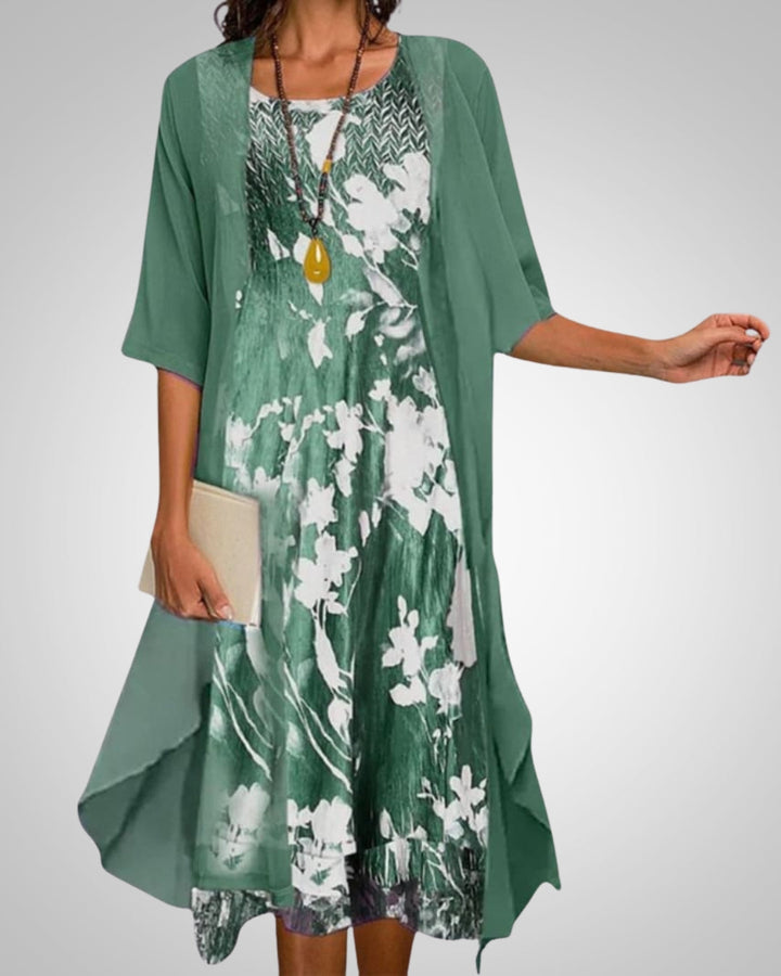 Elvira | Women's Printed Boho Midi Dress with Cardigan Set