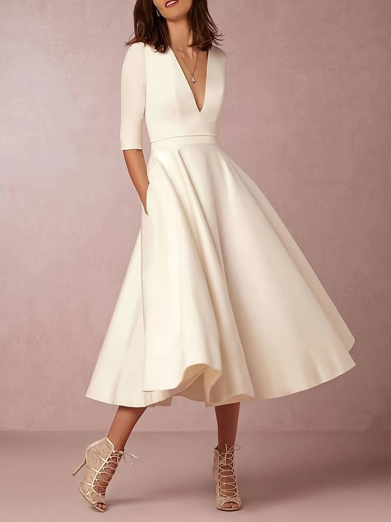 Stella | Women’s V-Neck Flared Wedding Guest Midi Dress