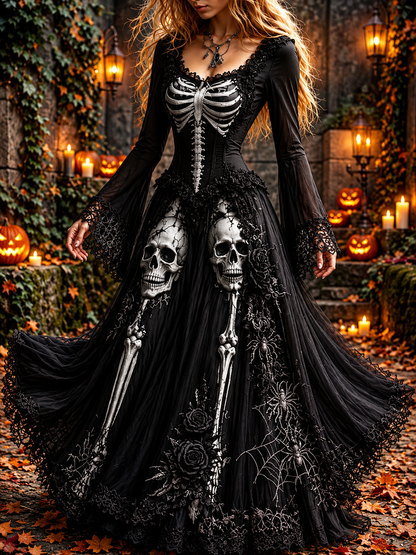 Women's Halloween Skeleton Print Maxi Dress