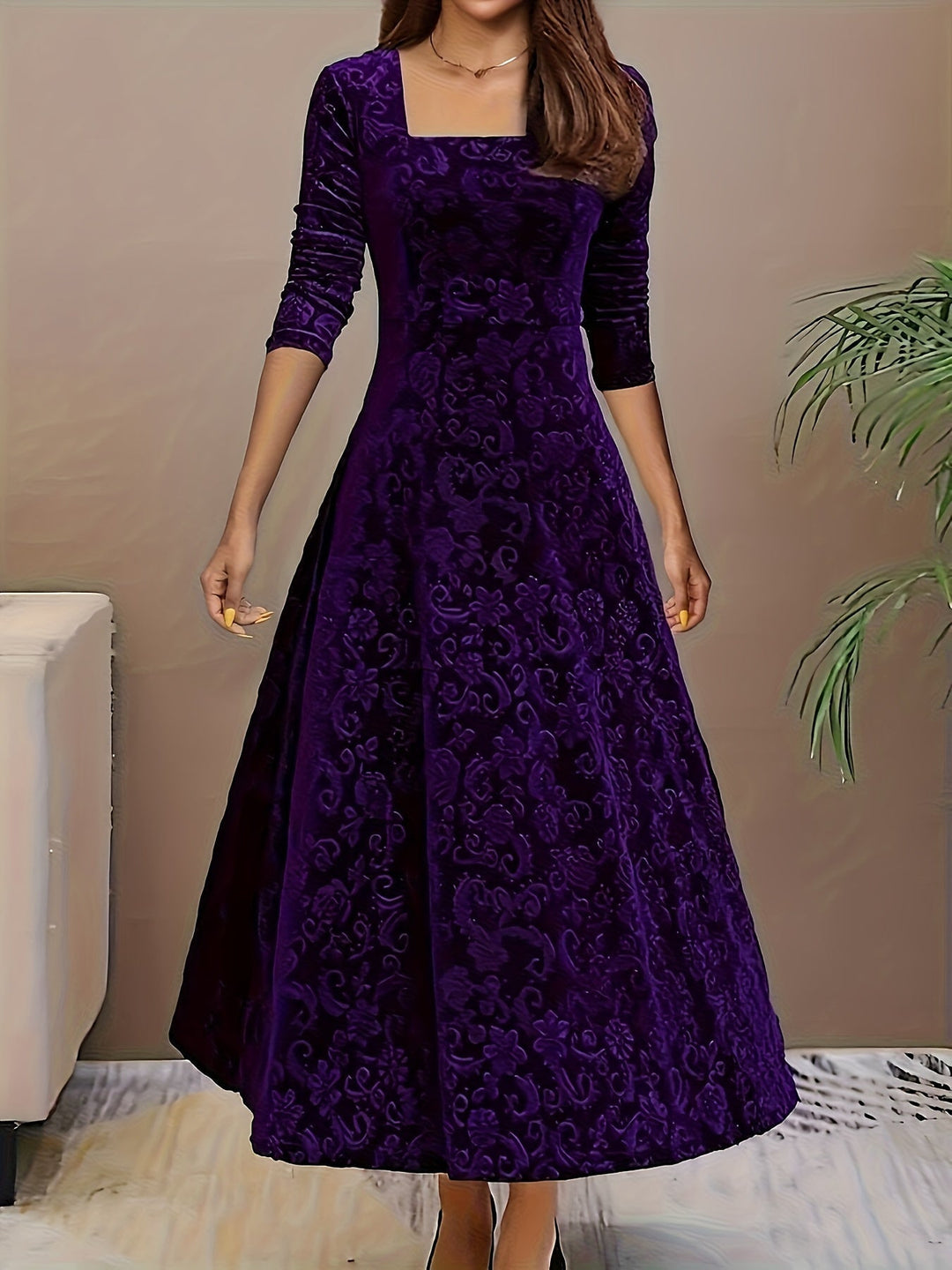 Abigail | Women's Casual Floral-Embossed Midi Dress