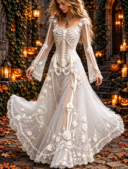 Women's Halloween Skeleton Print Maxi Dress
