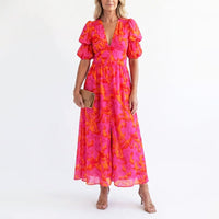Soleil | Women's Elegant Puff Sleeve Floral Summer Midi Dress