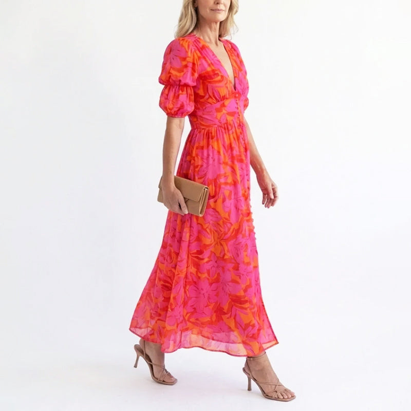 Soleil | Women's Elegant Puff Sleeve Floral Summer Midi Dress