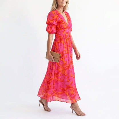 Soleil | Women's Elegant Puff Sleeve Floral Summer Midi Dress