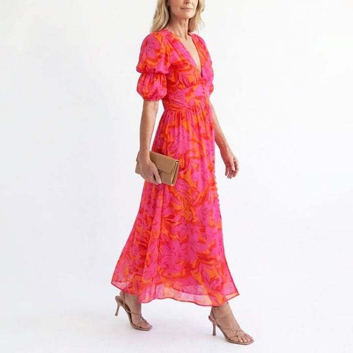 Soleil | Women's Elegant Puff Sleeve Floral Summer Midi Dress
