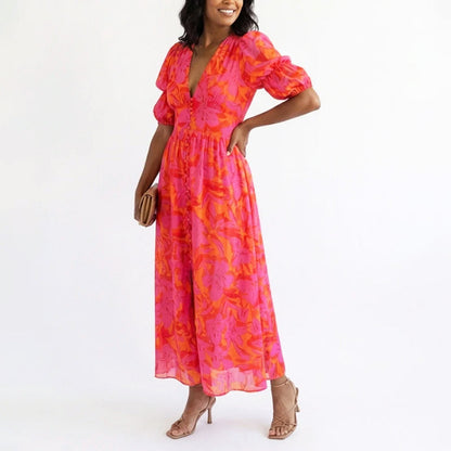 Soleil | Women's Elegant Puff Sleeve Floral Summer Midi Dress