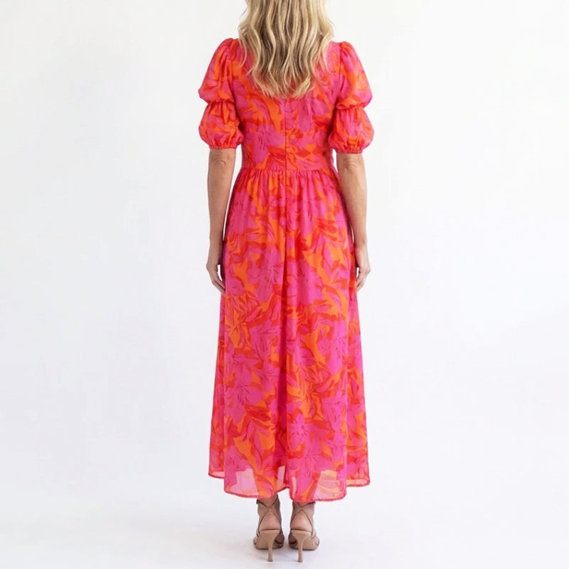 Soleil | Women's Elegant Puff Sleeve Floral Summer Midi Dress