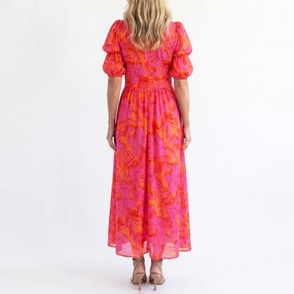 Soleil | Women's Elegant Puff Sleeve Floral Summer Midi Dress