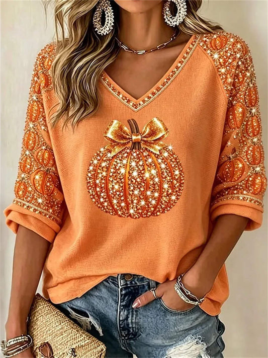 Ella | Women's Festive Halloween Orange Bow Pumpkin Top