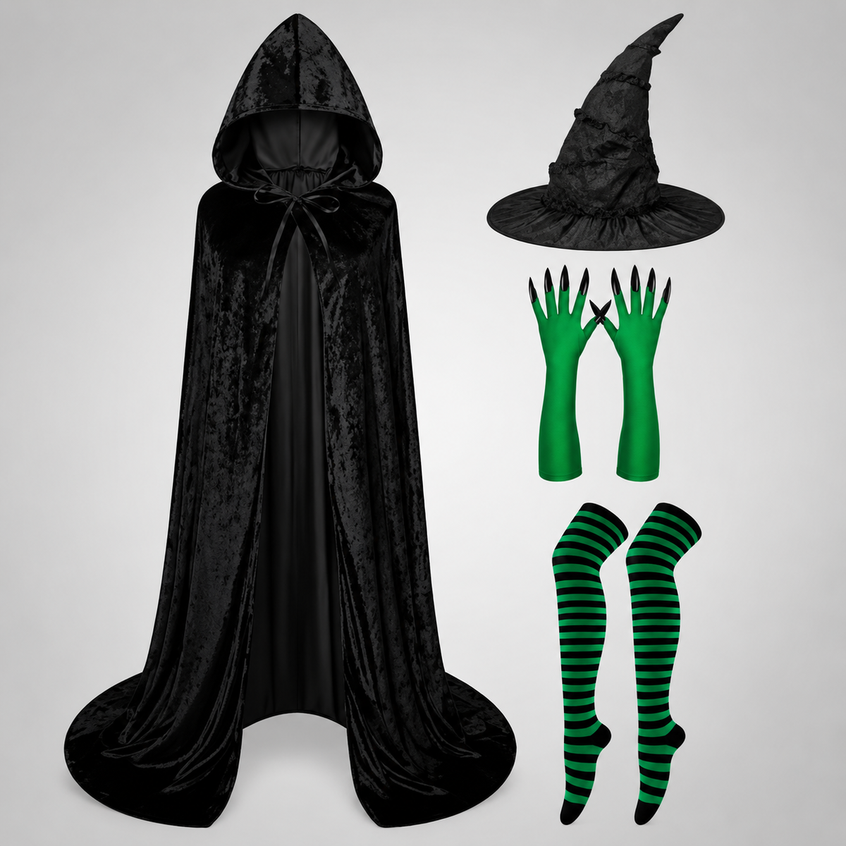 Evie | Women's Green Witch Striped Socks Hat Halloween Costume Set