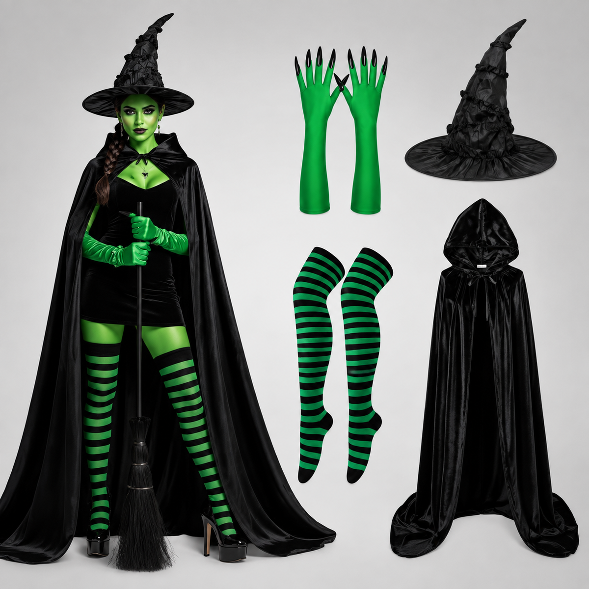 Evie | Women's Green Witch Striped Socks Hat Halloween Costume Set