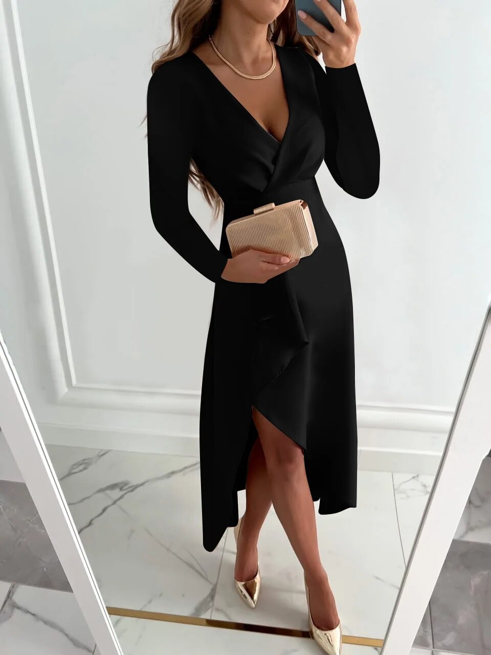 Aviva | Women’s Elegant V-Neck Wrap Style Midi Dress