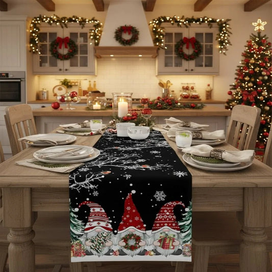 Christmas Table Runner with Gnome Print Snowflakes