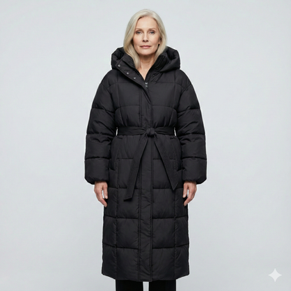 Felicity | Women's Long Belted Puffer Coat with Hood