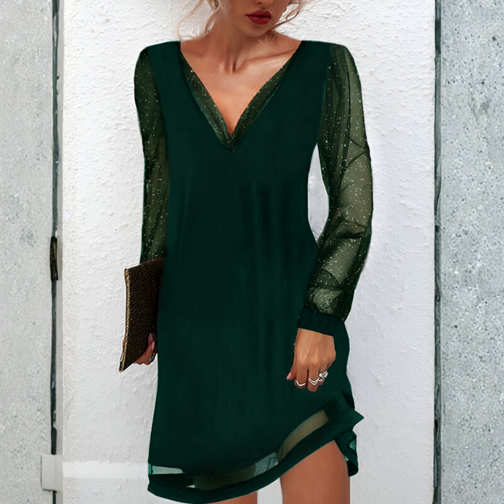 Akira | Women's V-Neck Midi Dress with Sheer Sleeves