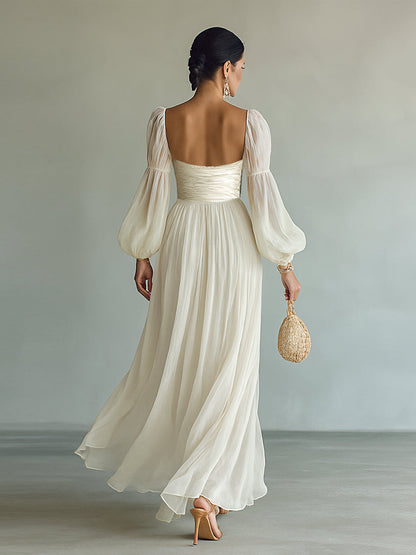 Maya | Women's Square Neck Long Sleeve Waist Maxi Dress