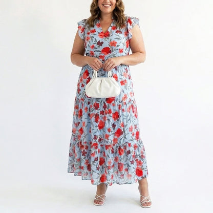 Nadia | Women's Floral V-Neck Ruffle Sleeve Dress