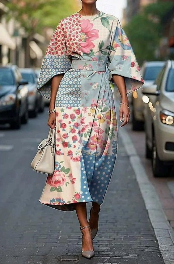 Dorina | Women's Elegant Printed Midi Dress With Kimono Sleeves