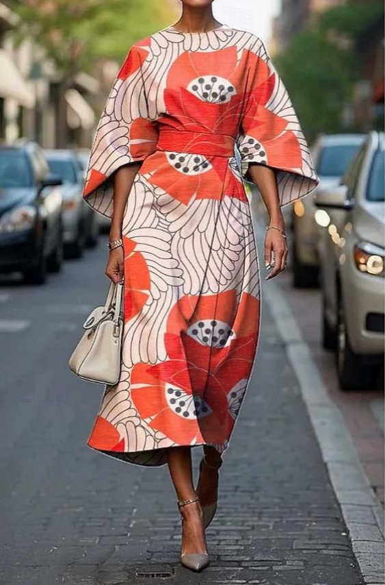Dorina | Women's Elegant Printed Midi Dress With Kimono Sleeves