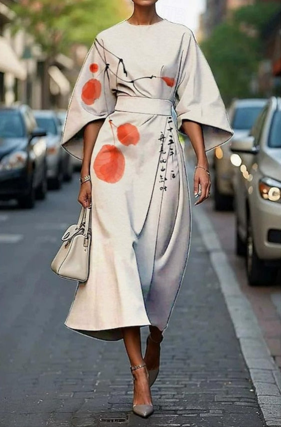 Dorina | Women's Elegant Printed Midi Dress With Kimono Sleeves