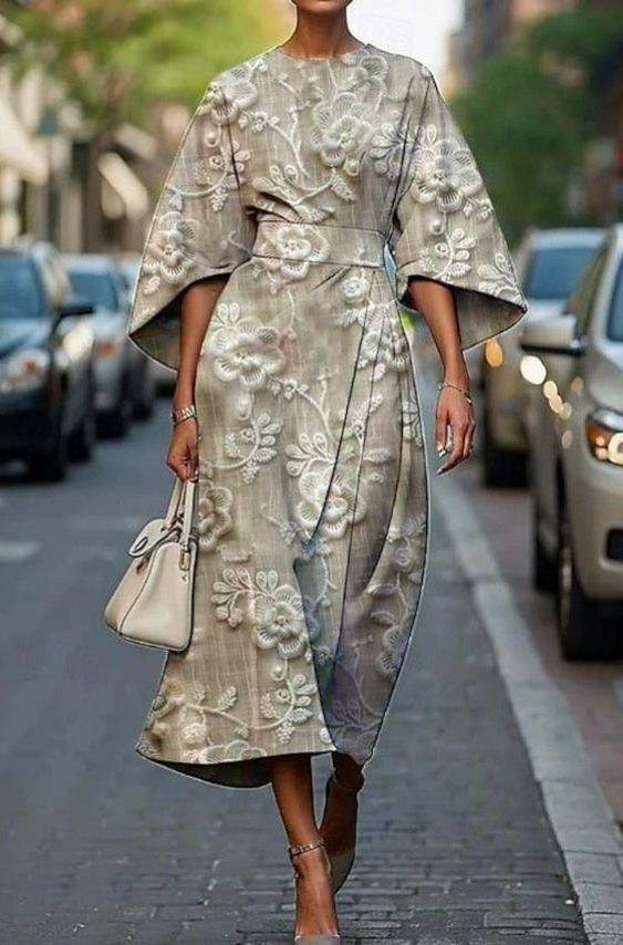 Dorina | Women's Elegant Printed Midi Dress With Kimono Sleeves