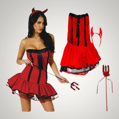 Autumn | Women's Devil Halloween Costume with Horns and Red Corset Dress