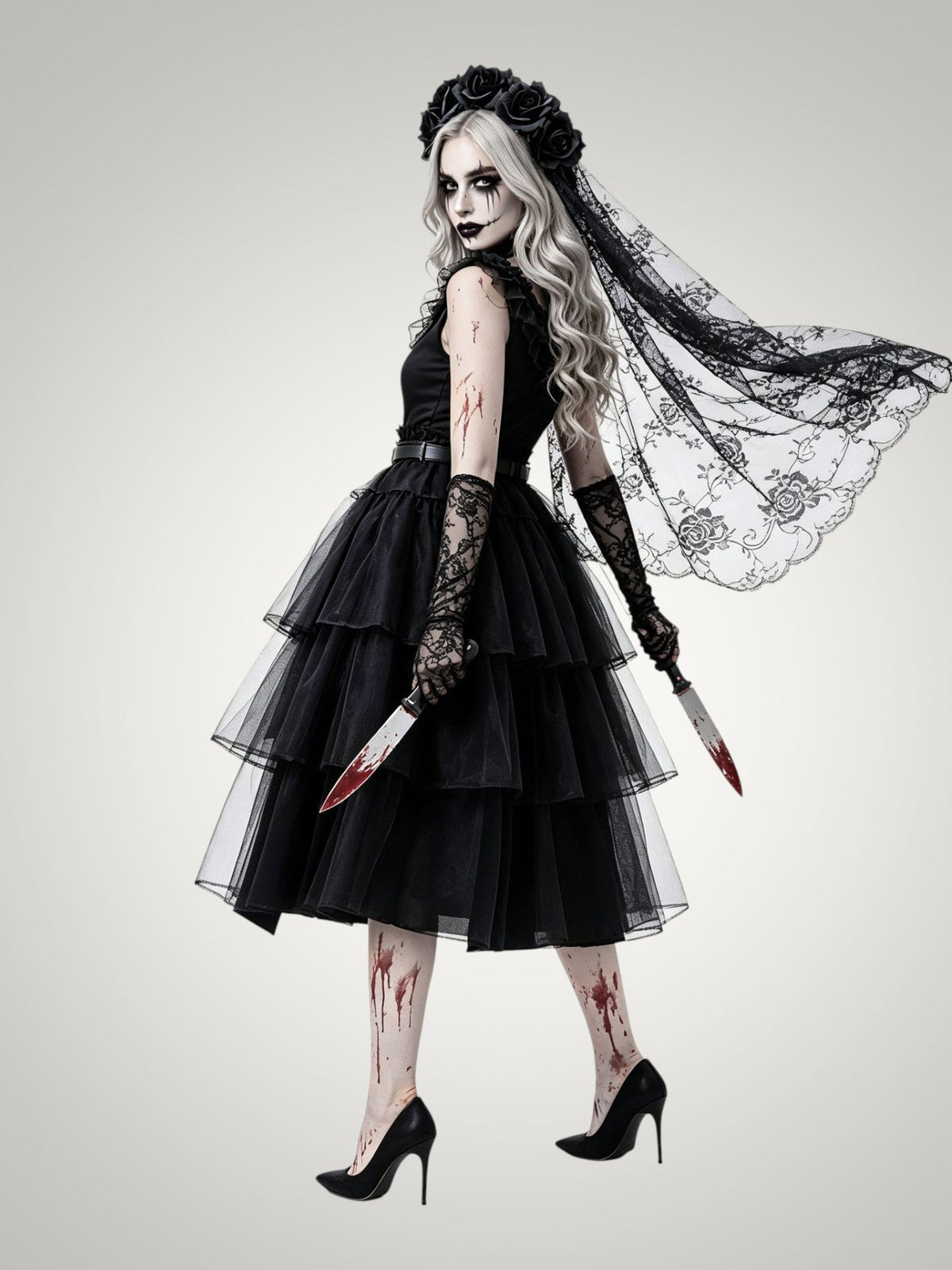 Ella | Women's Gothic Ghost Bride Halloween Costume with Veil and Tiered Dress