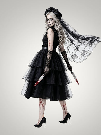 Ella | Women's Gothic Ghost Bride Halloween Costume with Veil and Tiered Dress
